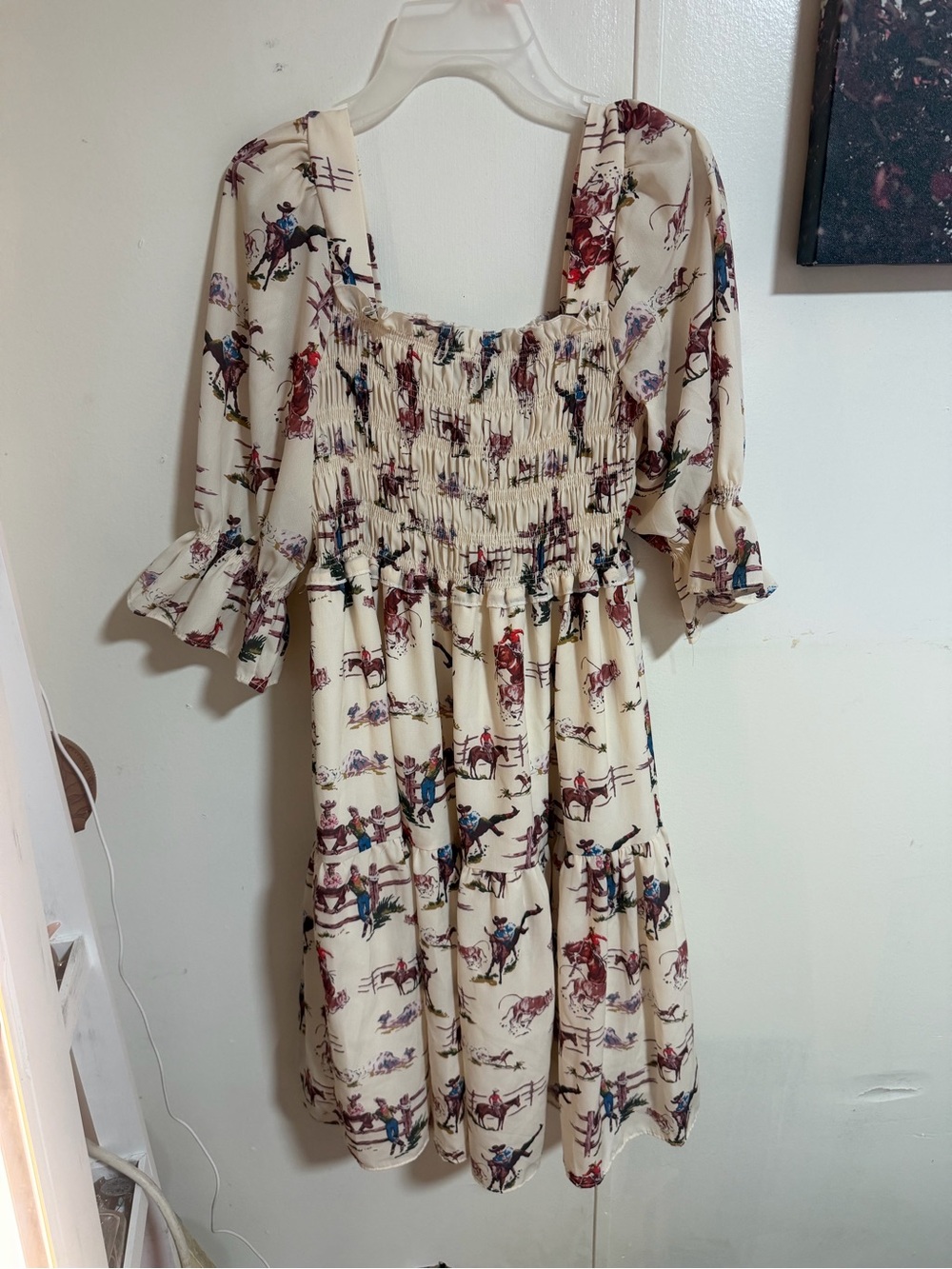 Cream Smocked Midi Dress with Western Print